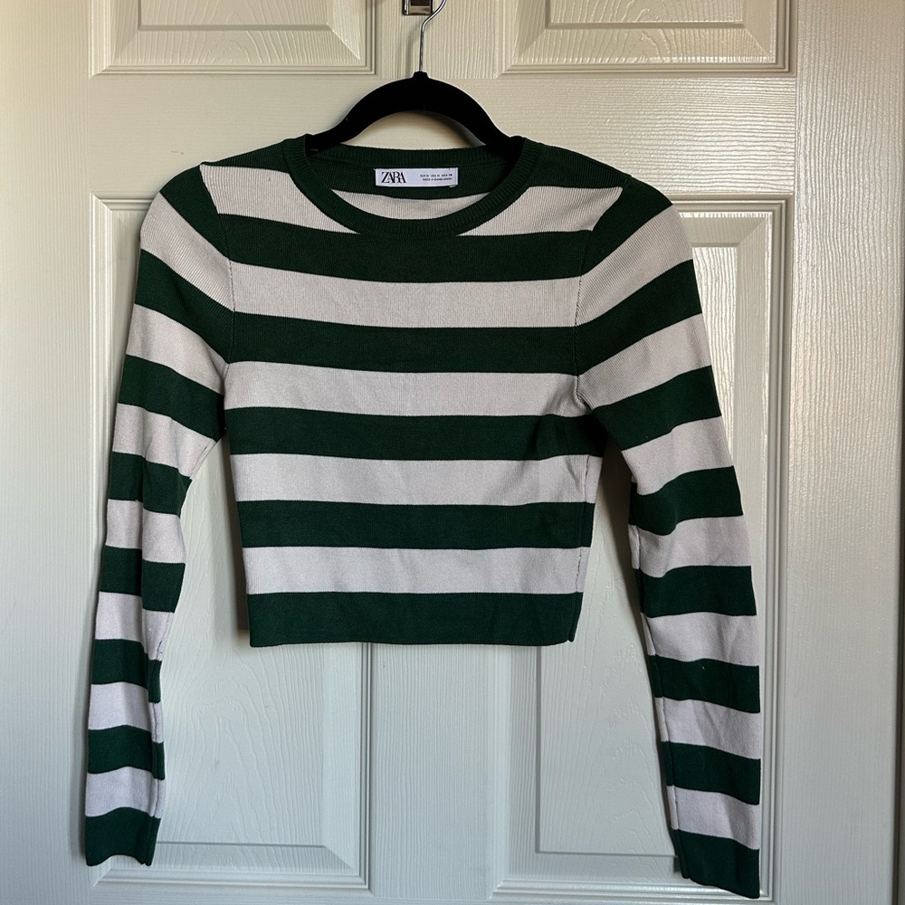 Zara Forest Green and Cream Striped Long Sleeve Top